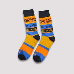 Vibrant graphic striped socks - "Typography, Coffee and Music"